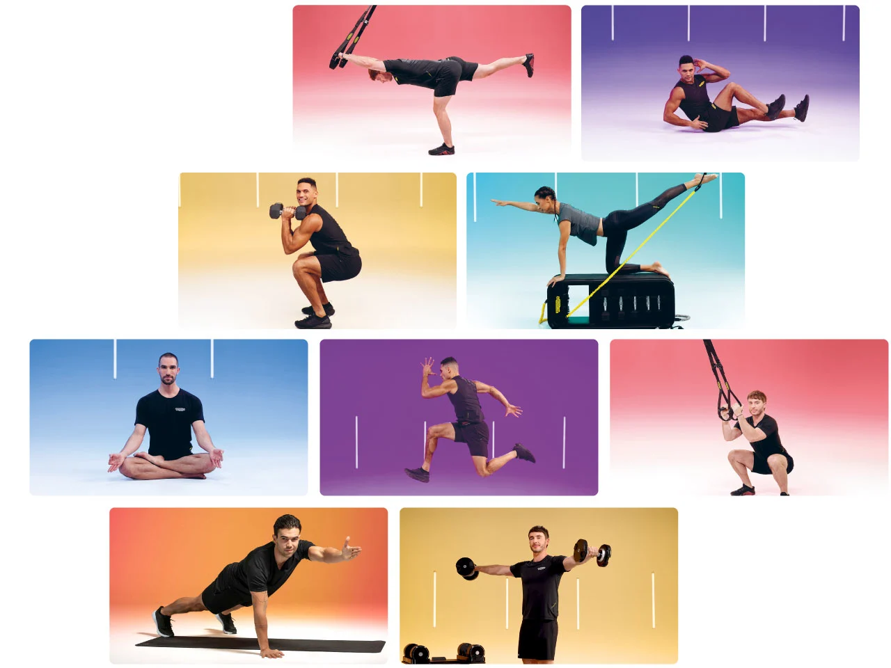 Various Technogym training sessions including strength, cardio, flexibility and balance exercises